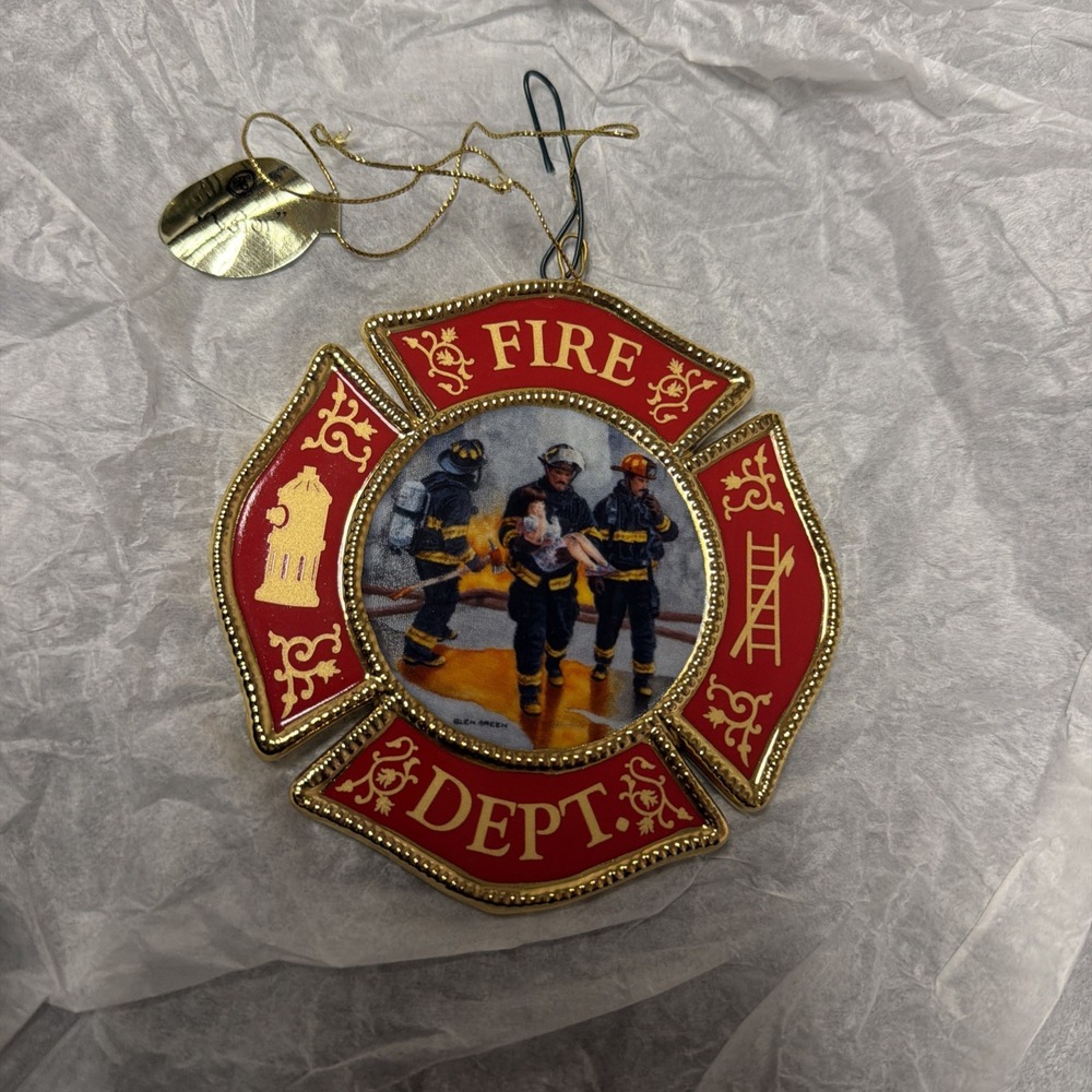 Bradford Exchange Valor Fire Department Christmas Ornament Porcelain Red Gold